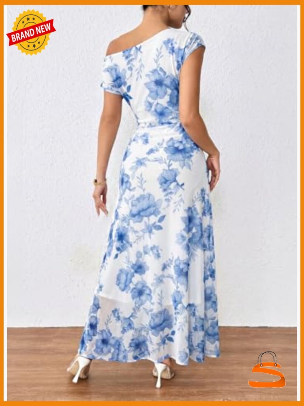 Elegant Off Shoulder Floral Maxi Dress Ruched Bodycon Wedding Guest Gown - Picture 6 of 7